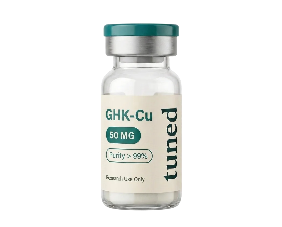 Clear glass vial with a teal cap, silver collar and cream label